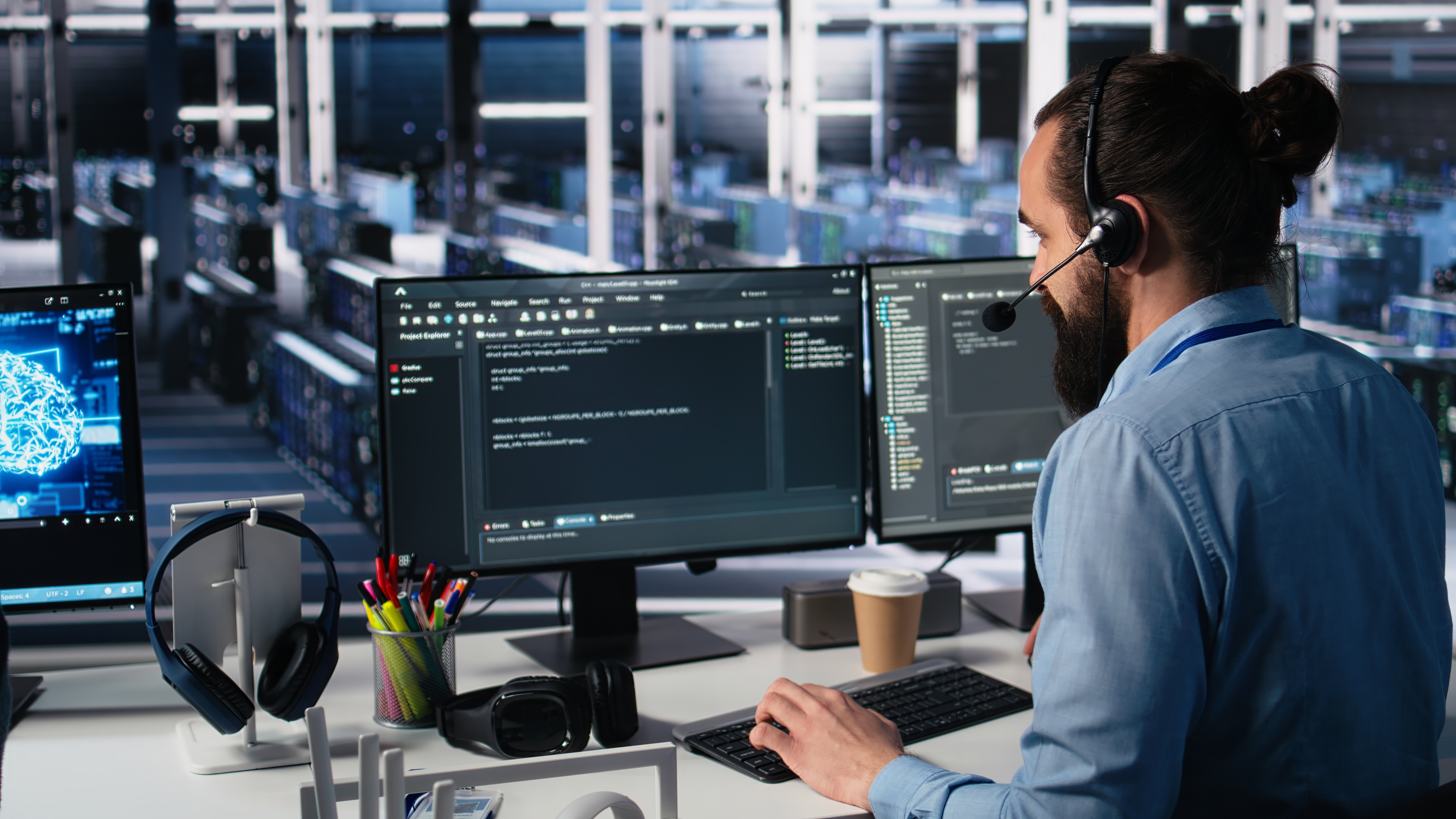Engineer in data center wearing headset assisting users with AI enhanced troubleshooting. Server room employee managing support tickets using automated response systems, camera A